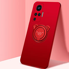 Custodia Silicone Ultra Sottile Morbida Cover con Magnetico Anello Supporto A01 per Vivo X50 Pro 5G Rosso