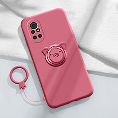 Custodia Silicone Ultra Sottile Morbida Cover con Magnetico Anello Supporto A02 per Huawei Nova 8 5G Rosso Rosa