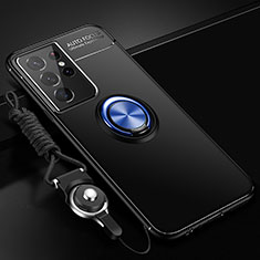 Custodia Silicone Ultra Sottile Morbida Cover con Magnetico Anello Supporto A02 per Samsung Galaxy S21 Ultra 5G Blu e Nero