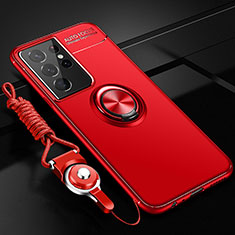 Custodia Silicone Ultra Sottile Morbida Cover con Magnetico Anello Supporto A05 per Samsung Galaxy S21 Ultra 5G Rosso