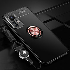 Custodia Silicone Ultra Sottile Morbida Cover con Magnetico Anello Supporto A06 per Xiaomi Mi 12 Pro 5G Oro e Nero