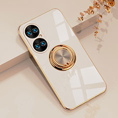 Custodia Silicone Ultra Sottile Morbida Cover con Magnetico Anello Supporto AN1 per Huawei P50 Pro Bianco