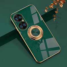 Custodia Silicone Ultra Sottile Morbida Cover con Magnetico Anello Supporto AN1 per Huawei P50 Pro Verde