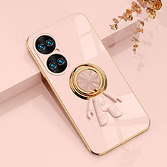Custodia Silicone Ultra Sottile Morbida Cover con Magnetico Anello Supporto AN2 per Huawei P50 Pro Oro Rosa