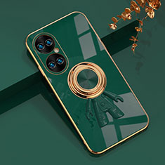Custodia Silicone Ultra Sottile Morbida Cover con Magnetico Anello Supporto AN2 per Huawei P50 Pro Verde