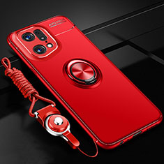 Custodia Silicone Ultra Sottile Morbida Cover con Magnetico Anello Supporto JM3 per Oppo Find X5 Pro 5G Rosso