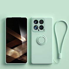 Custodia Silicone Ultra Sottile Morbida Cover con Magnetico Anello Supporto S01 per Xiaomi Mi 14 5G Ciano