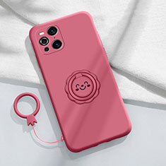 Custodia Silicone Ultra Sottile Morbida Cover con Magnetico Anello Supporto S02 per Oppo Find X3 Pro 5G Rosa Caldo