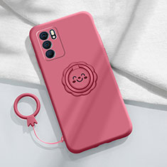 Custodia Silicone Ultra Sottile Morbida Cover con Magnetico Anello Supporto S02 per Oppo Reno6 5G Rosa Caldo