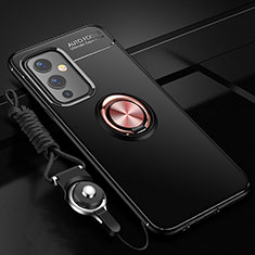 Custodia Silicone Ultra Sottile Morbida Cover con Magnetico Anello Supporto SD3 per OnePlus 9 5G Oro e Nero