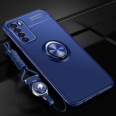 Custodia Silicone Ultra Sottile Morbida Cover con Magnetico Anello Supporto T01 per Huawei Honor Play4 5G Blu