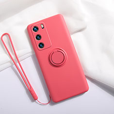 Custodia Silicone Ultra Sottile Morbida Cover con Magnetico Anello Supporto T01 per Huawei P40 Rosso
