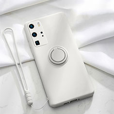 Custodia Silicone Ultra Sottile Morbida Cover con Magnetico Anello Supporto T02 per Huawei P40 Pro Bianco
