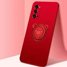 Custodia Silicone Ultra Sottile Morbida Cover con Magnetico Anello Supporto T02 per Oppo Reno4 5G Rosso