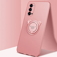 Custodia Silicone Ultra Sottile Morbida Cover con Magnetico Anello Supporto T02 per Oppo Reno4 Pro 5G Oro Rosa