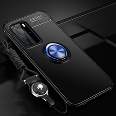 Custodia Silicone Ultra Sottile Morbida Cover con Magnetico Anello Supporto T04 per Huawei P40 Pro Blu e Nero