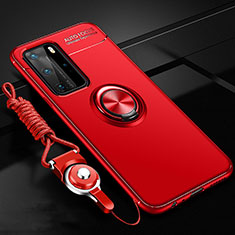 Custodia Silicone Ultra Sottile Morbida Cover con Magnetico Anello Supporto T04 per Huawei P40 Pro Rosso