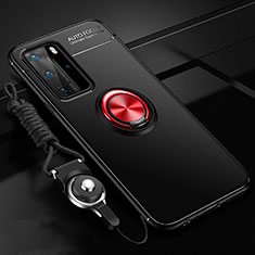 Custodia Silicone Ultra Sottile Morbida Cover con Magnetico Anello Supporto T04 per Huawei P40 Pro Rosso e Nero