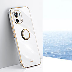 Custodia Silicone Ultra Sottile Morbida Cover con Magnetico Anello Supporto T07 per Xiaomi Mi 11 Lite 4G Bianco