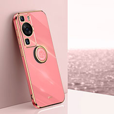 Custodia Silicone Ultra Sottile Morbida Cover con Magnetico Anello Supporto XL1 per Huawei P60 Pro Rosa Caldo
