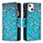 Custodia Portafoglio In Pelle Fiori Cover con Supporto L03 per Apple iPhone 13 Ciano