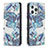 Custodia Portafoglio In Pelle Fiori Cover con Supporto per Apple iPhone 14 Pro Blu