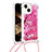 Custodia Silicone Cover Morbida Bling-Bling con Cinghia Cordino Mano S03 per Apple iPhone 14 Plus Rosa Caldo