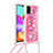 Custodia Silicone Cover Morbida Bling-Bling con Cinghia Cordino Mano S03 per Samsung Galaxy A41 Rosa Caldo
