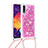 Custodia Silicone Cover Morbida Bling-Bling con Cinghia Cordino Mano S03 per Samsung Galaxy A50 Rosa Caldo