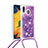 Custodia Silicone Cover Morbida Bling-Bling con Cinghia Cordino Mano S03 per Samsung Galaxy M10S Viola