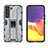 Custodia Silicone e Plastica Opaca Cover con Magnetico Supporto A03 per Samsung Galaxy S21 5G Grigio