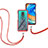 Custodia Silicone e Plastica Opaca Cover Fronte e Retro 360 Gradi con Cinghia Cordino Mano per Xiaomi Redmi Note 9S Rosso