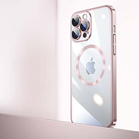 Cover Crystal Trasparente Rigida Cover con Mag-Safe Magnetic QC2 per Apple iPhone 14 Pro Oro Rosa