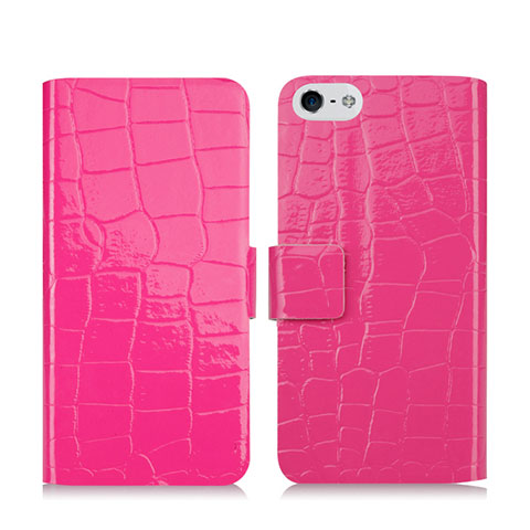 Cover Portafoglio In Pelle con Stand Coccodrillo per Apple iPhone 5 Rosa Caldo