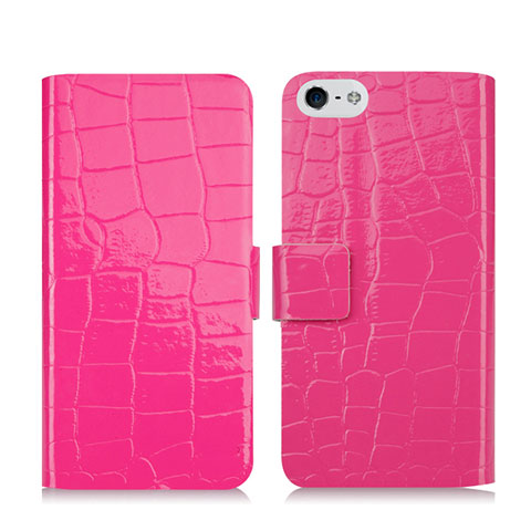 Cover Portafoglio In Pelle con Stand Coccodrillo per Apple iPhone 5S Rosa Caldo