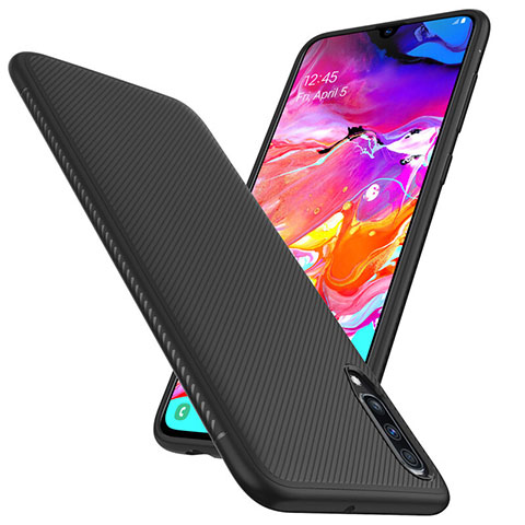 Custodia Fibra di Carbonio Lusso Morbida Spigato Cover T02 per Samsung Galaxy A70 Nero