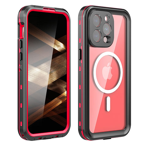 Custodia Impermeabile Silicone e Plastica Opaca Waterproof Cover 360 Gradi con Mag-Safe Magnetic HJ1 per Apple iPhone 14 Pro Rosso