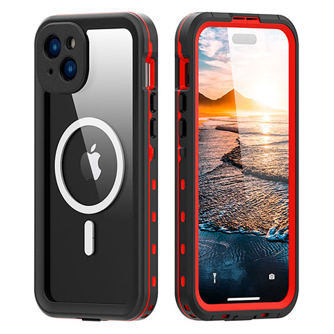 Custodia Impermeabile Silicone e Plastica Opaca Waterproof Cover 360 Gradi con Mag-Safe Magnetic per Apple iPhone 14 Rosso