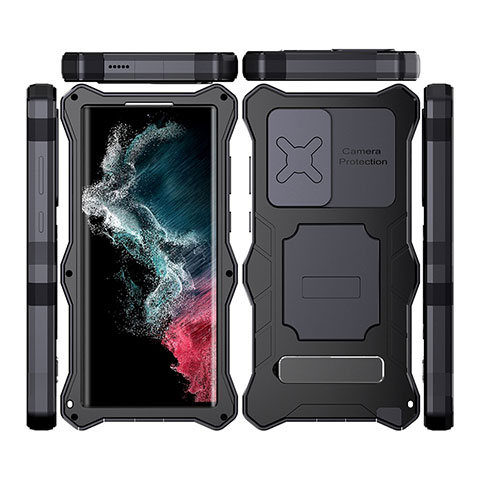 Custodia Impermeabile Silicone e Plastica Opaca Waterproof Cover 360 Gradi con Supporto T02 per Samsung Galaxy S23 Ultra 5G Nero