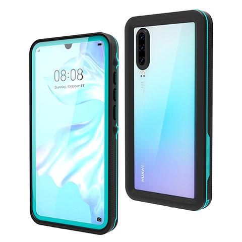 Custodia Impermeabile Silicone e Plastica Opaca Waterproof Cover 360 Gradi per Huawei P30 Ciano