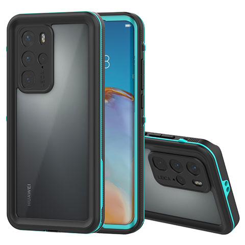 Custodia Impermeabile Silicone e Plastica Opaca Waterproof Cover 360 Gradi per Huawei P40 Pro Ciano