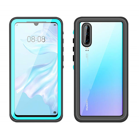 Custodia Impermeabile Silicone e Plastica Opaca Waterproof Cover 360 Gradi T01 per Huawei P30 Ciano