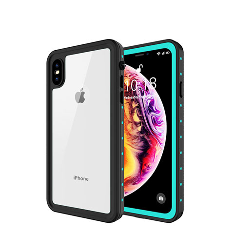 Custodia Impermeabile Silicone e Plastica Opaca Waterproof Cover 360 Gradi W01 per Apple iPhone Xs Ciano