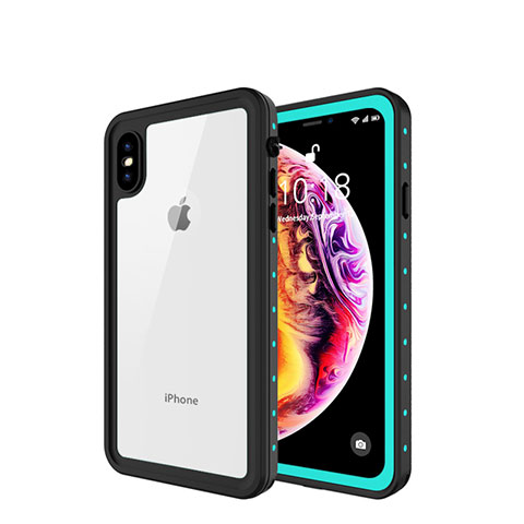 Custodia Impermeabile Silicone e Plastica Opaca Waterproof Cover 360 Gradi W01 per Apple iPhone Xs Max Ciano