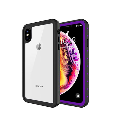 Custodia Impermeabile Silicone e Plastica Opaca Waterproof Cover 360 Gradi W01 per Apple iPhone Xs Viola