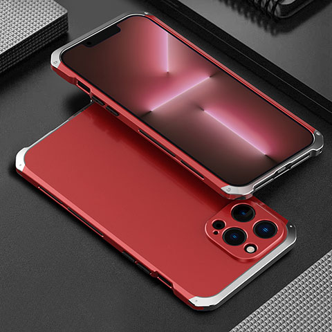 Custodia Lusso Alluminio Cover 360 Gradi per Apple iPhone 13 Pro Max Argento e Rosso
