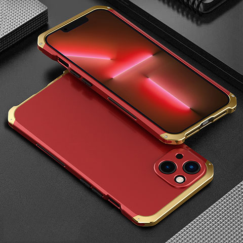 Custodia Lusso Alluminio Cover 360 Gradi per Apple iPhone 14 Plus Oro e Rosso