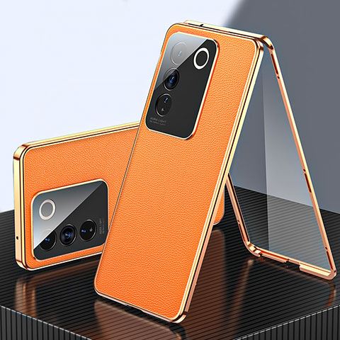 Custodia Lusso Alluminio e Pelle Cover 360 Gradi per Vivo V27 5G Arancione