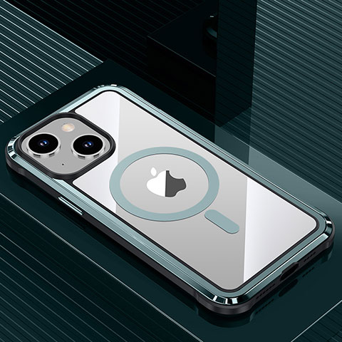 Custodia Lusso Alluminio e Silicone Laterale Cover con Mag-Safe Magnetic QC1 per Apple iPhone 14 Plus Ciano