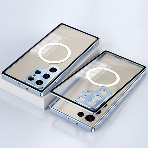Custodia Lusso Alluminio Laterale Specchio 360 Gradi Cover con Mag-Safe Magnetic per Samsung Galaxy S21 Ultra 5G Blu